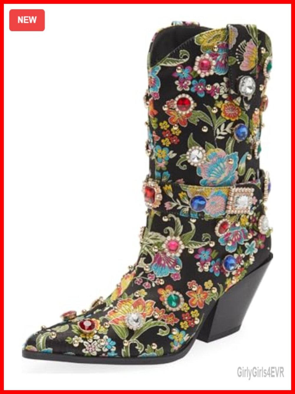Western Cowboy Boots Womens Flower Embroidered Rhinestone Mid Calf Chunky Heel